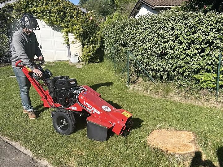 Souche broyée sous le niveau du sol — Rogneuse FSI B22 après abattage — sans terrassement, sans pelle mécanique